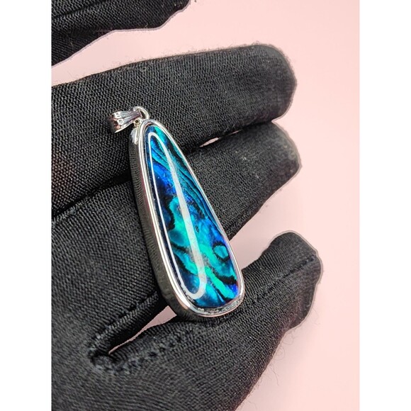 ABALONE SHELL TAPERED OVAL TEARDROP BLUE GREEN TURQUOISE PENDANT CHARM SILVER - Picture 9 of 12